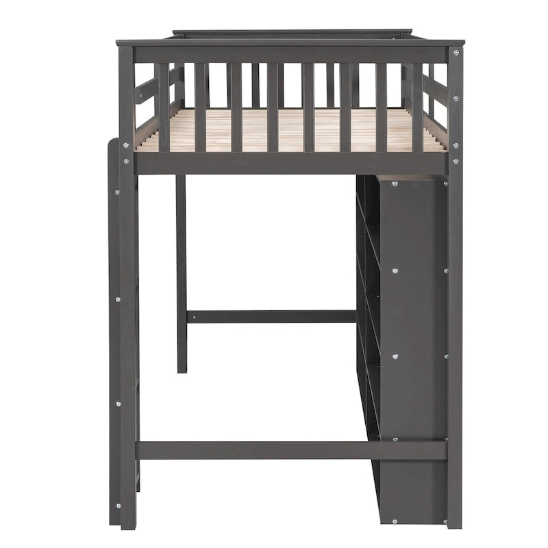 Twin Loft Bed with 8 Storage Shelves and Ladder