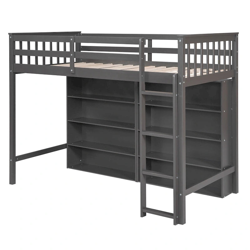 Twin Loft Bed with 8 Storage Shelves and Ladder