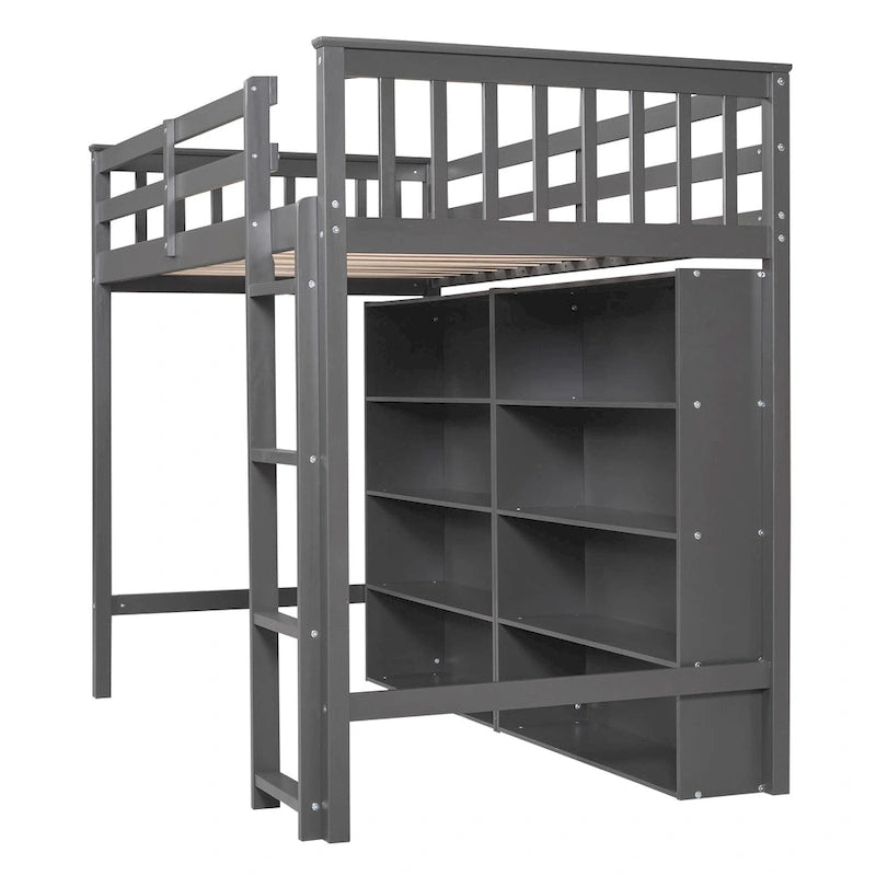 Twin Loft Bed with 8 Storage Shelves and Ladder