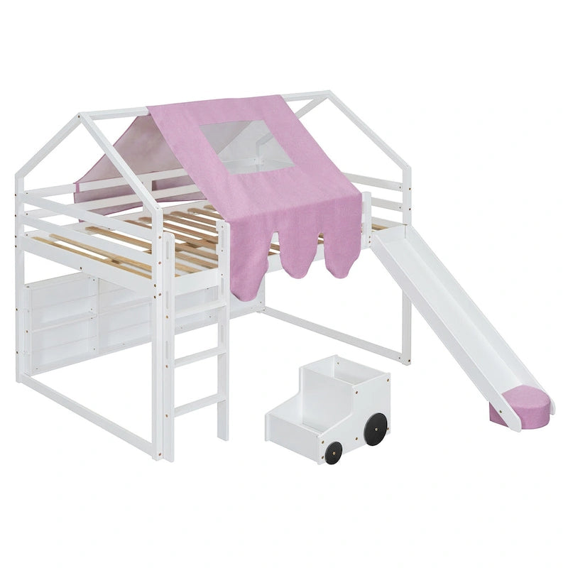 Full-Size Wooden House Loft Bed with Tent, Slide and Ladder