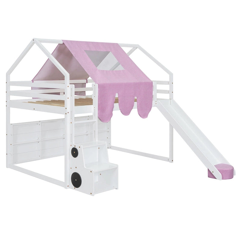 Full-Size Wooden House Loft Bed with Tent, Slide and Ladder