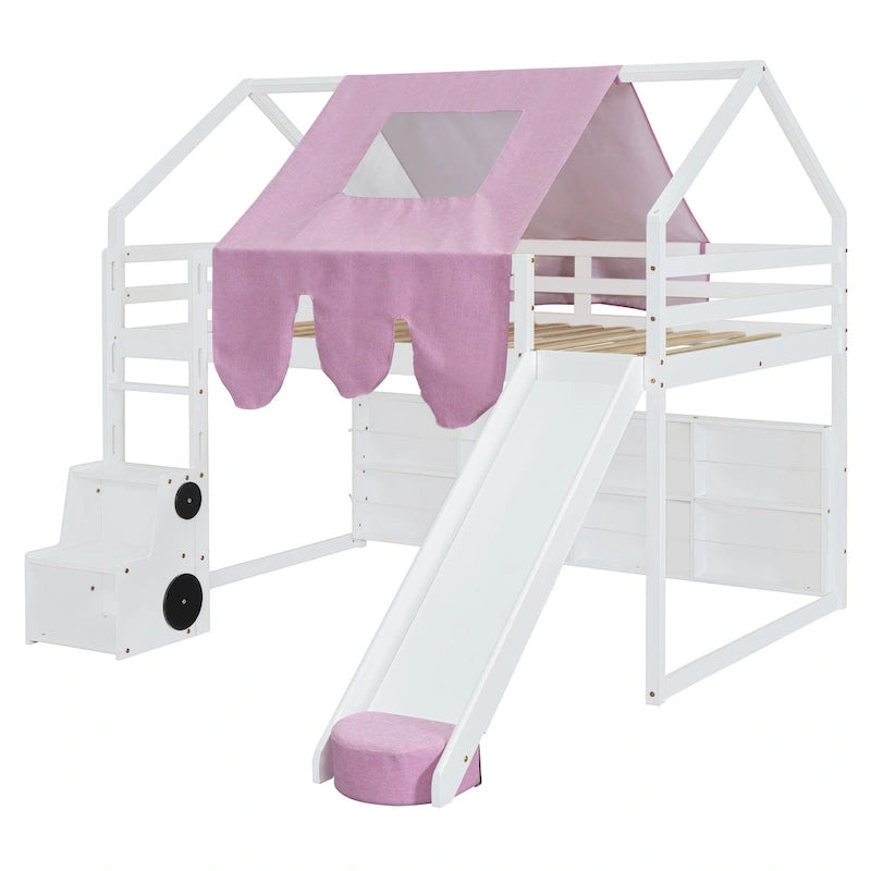 Full-Size Wooden House Loft Bed with Tent, Slide and Ladder