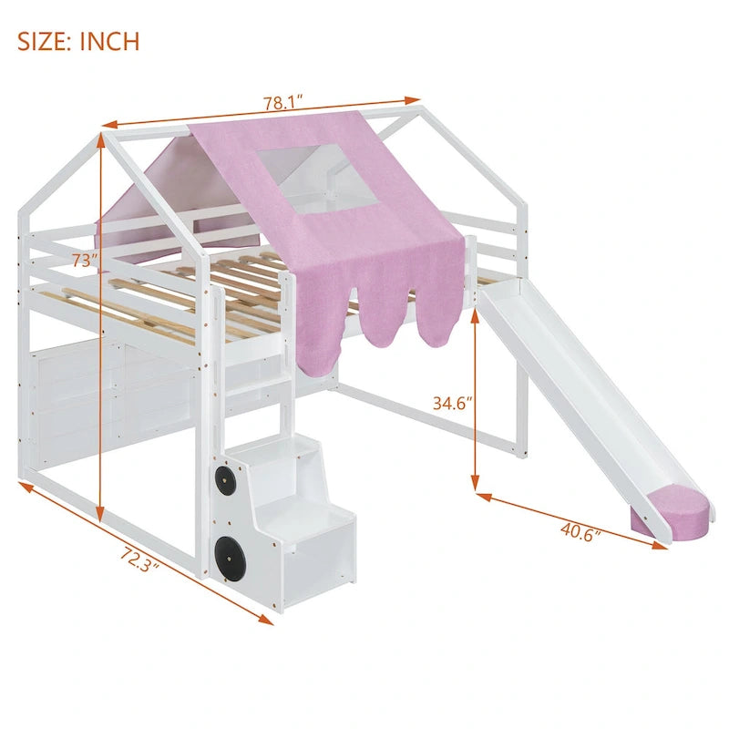 Full-Size Wooden House Loft Bed with Tent, Slide and Ladder