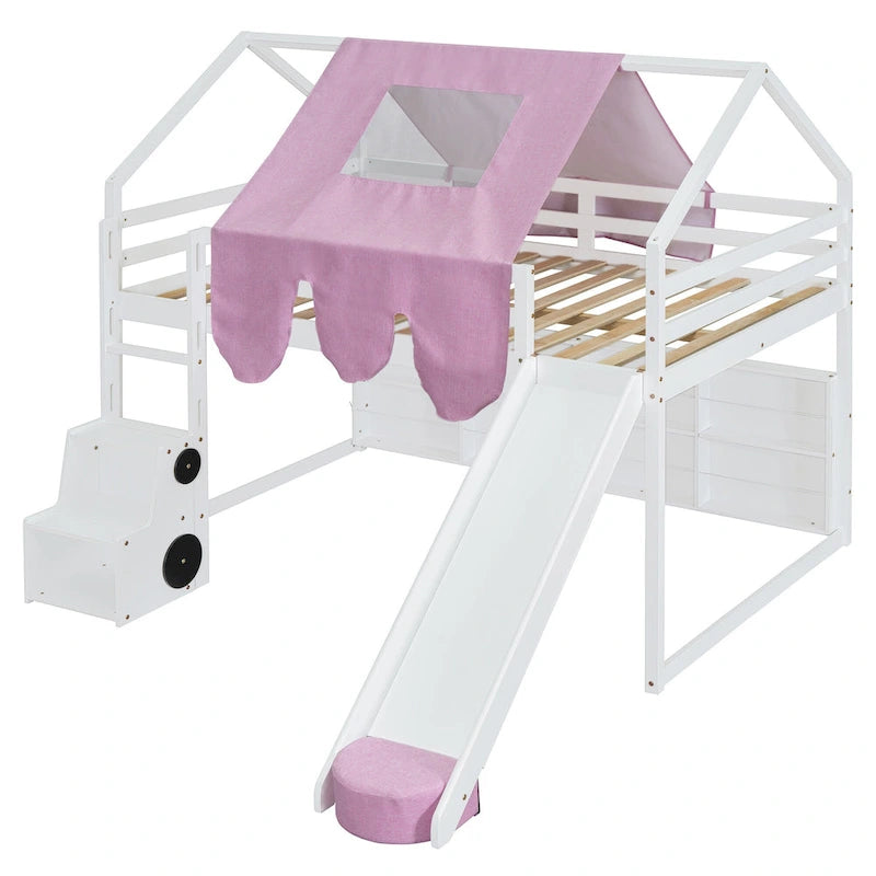 Full-Size Wooden House Loft Bed with Tent, Slide and Ladder
