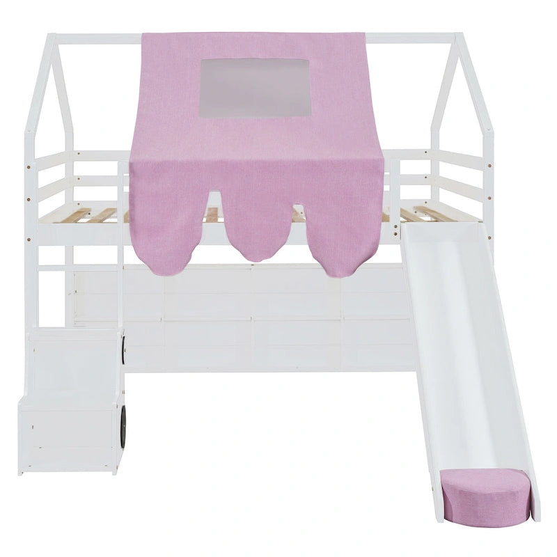 Full-Size Wooden House Loft Bed with Tent, Slide and Ladder