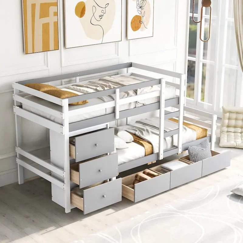 Twin Over Twin Bunk Bed with Six Storage Drawers and Ladder