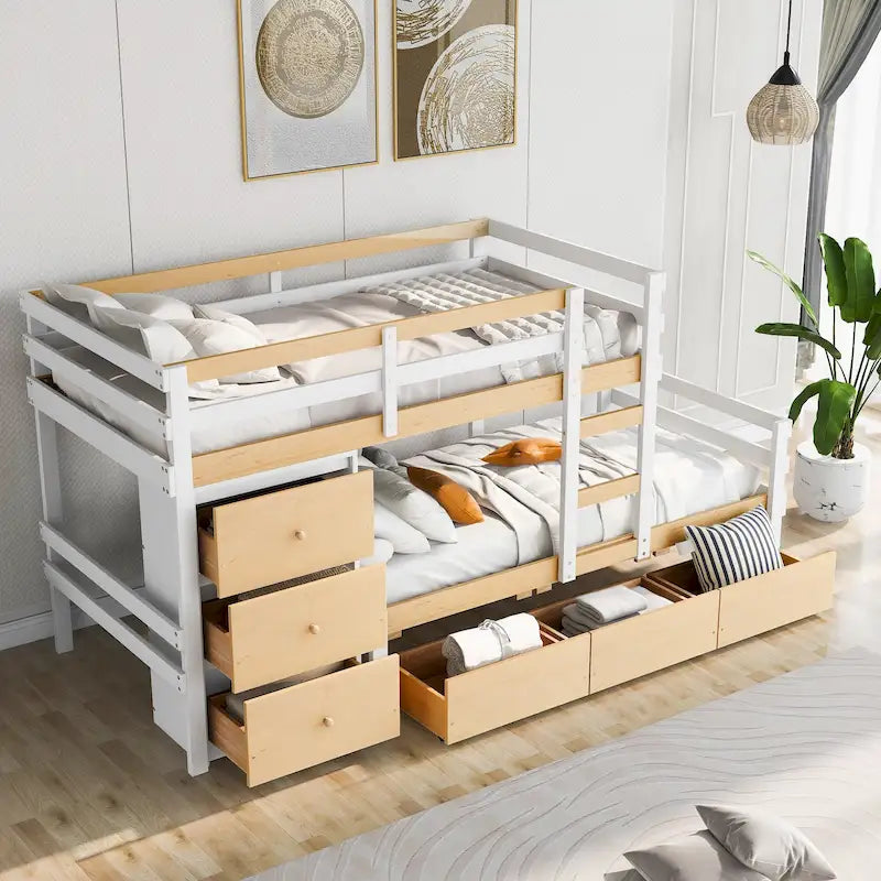 Twin Over Twin Bunk Bed with Six Storage Drawers and Ladder