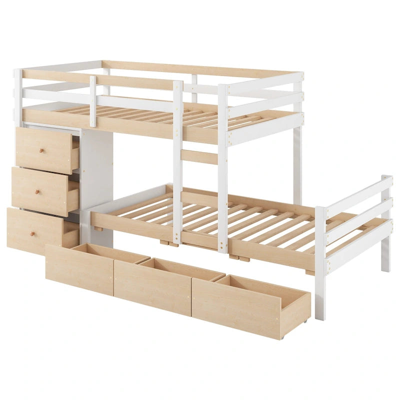 Twin Over Twin Bunk Bed with Six Storage Drawers and Ladder