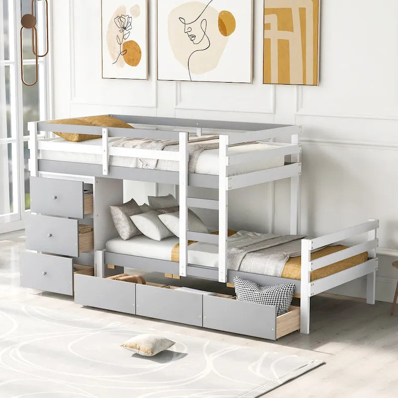 Twin Over Twin Bunk Bed with Six Storage Drawers and Ladder