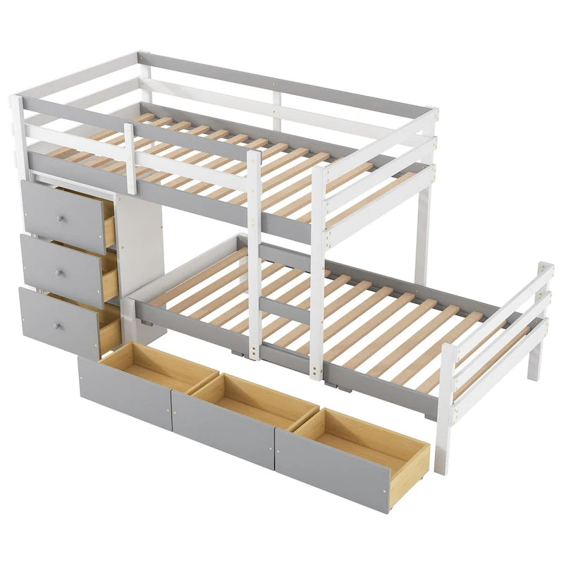 Twin Over Twin Bunk Bed with Six Storage Drawers and Ladder