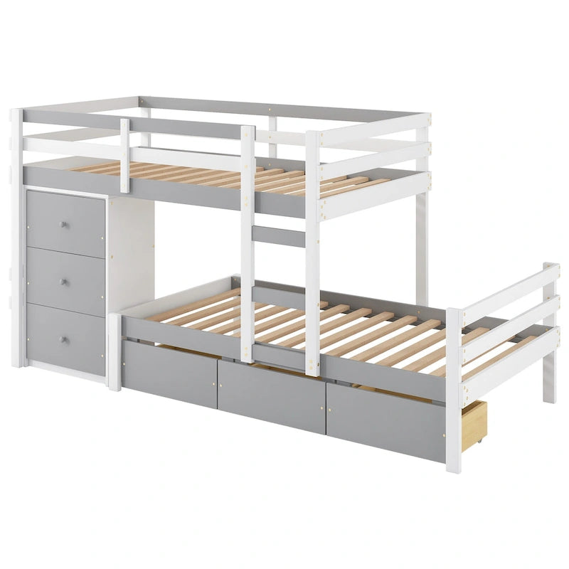 Twin Over Twin Bunk Bed with Six Storage Drawers and Ladder