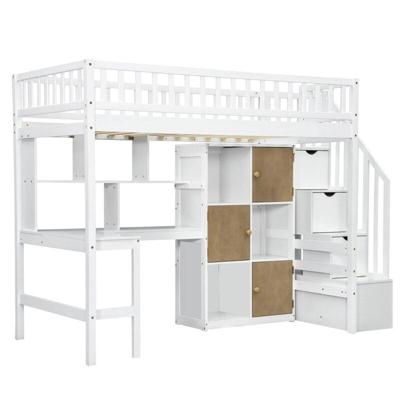 Twin Size Loft Bed with Bulit-in Desk, LED Light and Storage Staircase, Wooden Loft Bedframe with Storage Shelves and Cabinets
