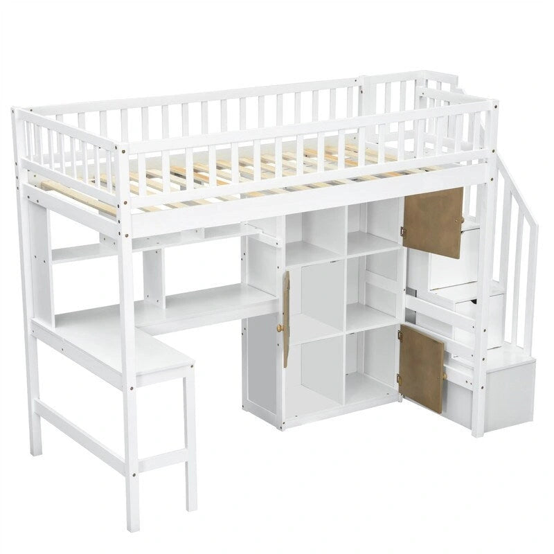 Twin Loft Bed with Desk, LED Light and Storage Staircase