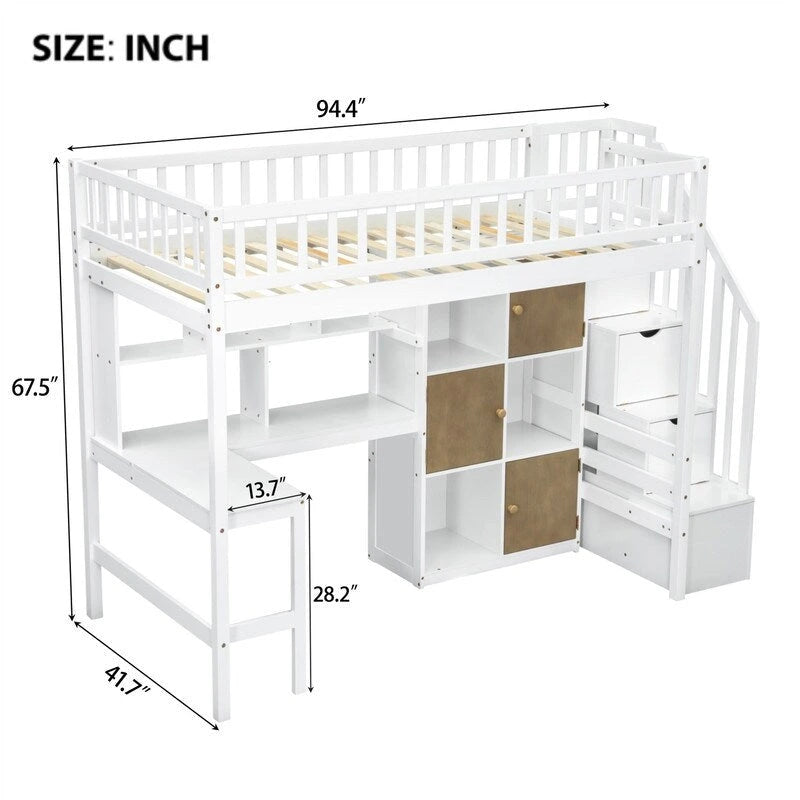 Twin Loft Bed with Desk, LED Light and Storage Staircase