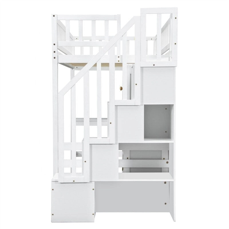 Twin Loft Bed with Desk, LED Light and Storage Staircase