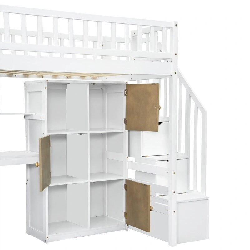 Twin Loft Bed with Desk, LED Light and Storage Staircase