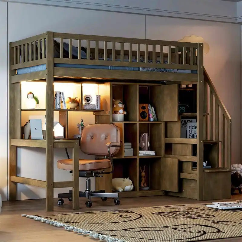 Twin Loft Bed with Desk, LED Light and Storage Staircase