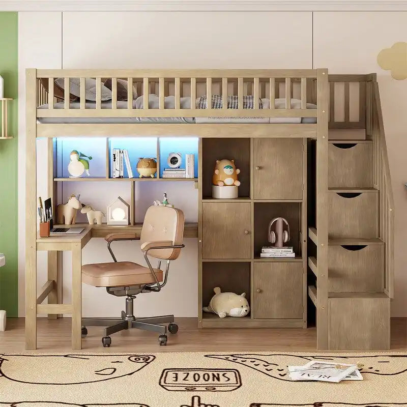 Twin Loft Bed with Desk, LED Light and Storage Staircase