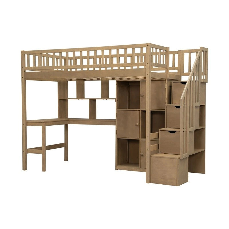 Twin Loft Bed with Desk, LED Light and Storage Staircase