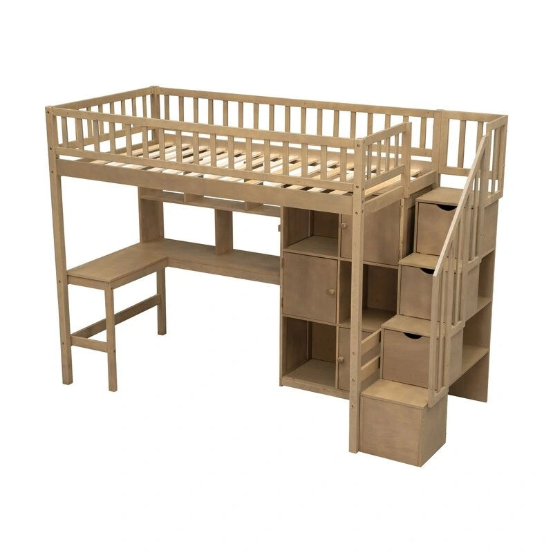 Twin Loft Bed with Desk, LED Light and Storage Staircase