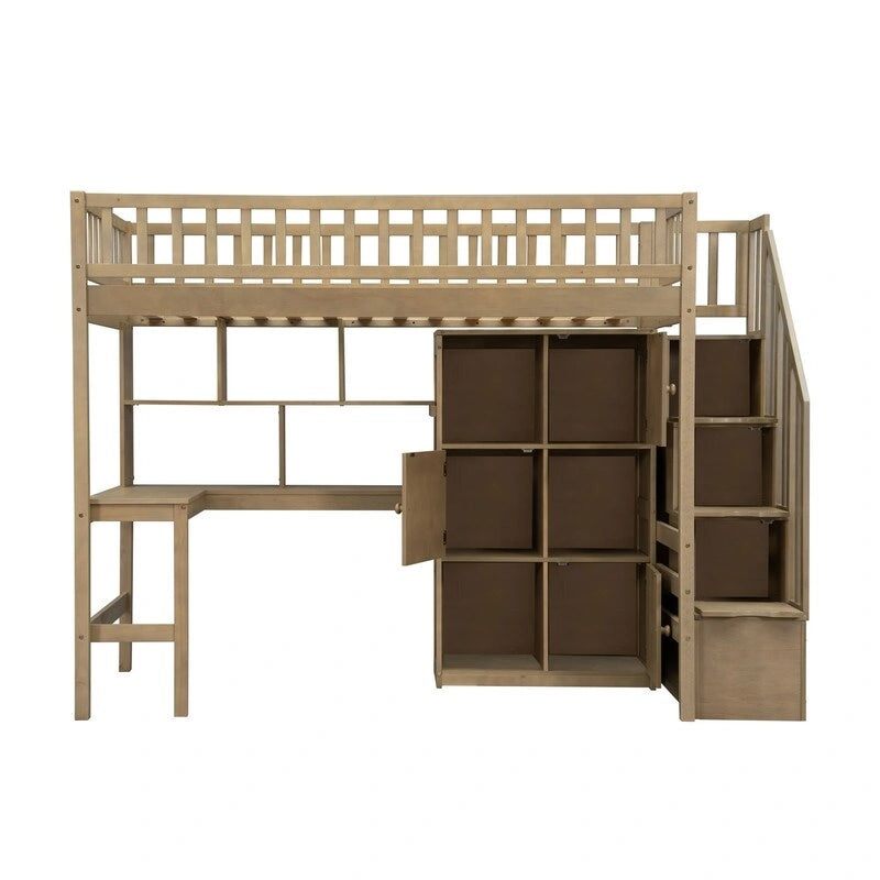 Twin Loft Bed with Desk, LED Light and Storage Staircase