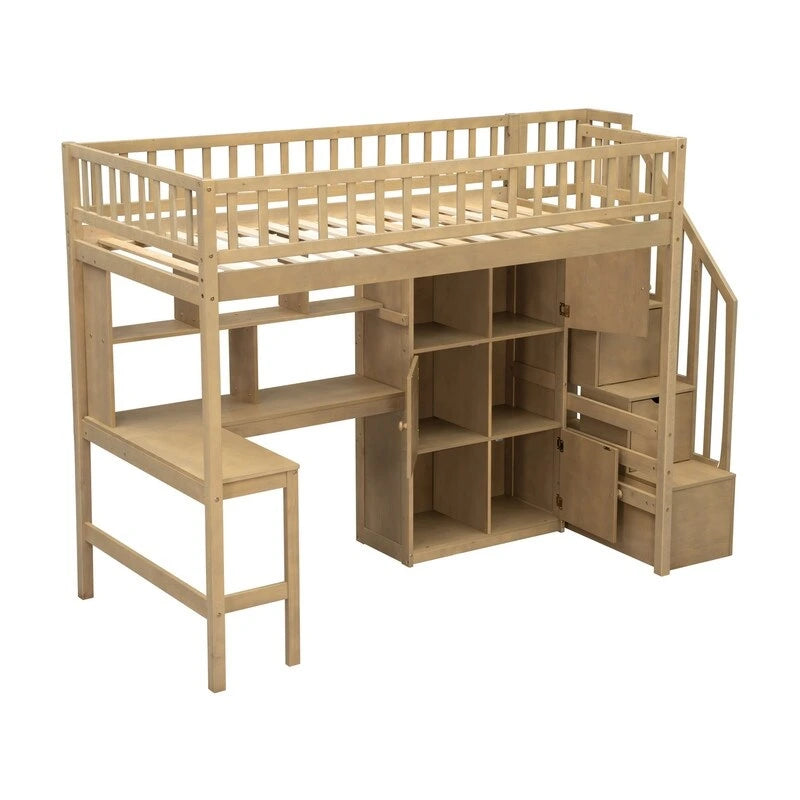 Twin Loft Bed with Desk, LED Light and Storage Staircase