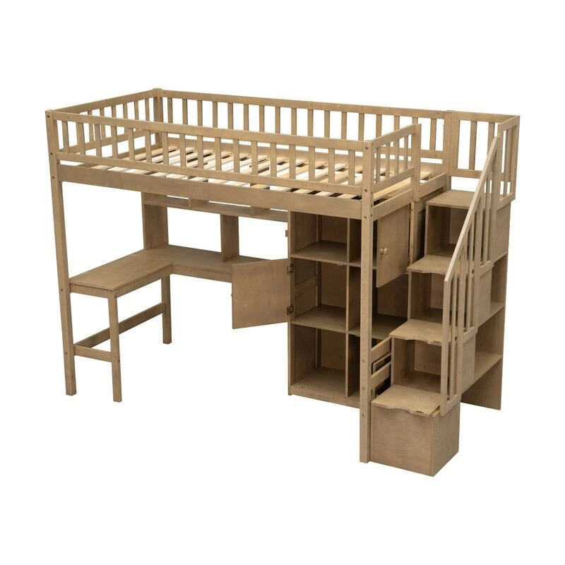 Twin Loft Bed with Desk, LED Light and Storage Staircase