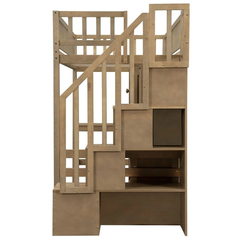 Twin Loft Bed with Desk, LED Light and Storage Staircase
