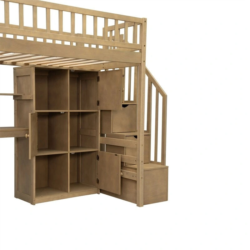 Twin Loft Bed with Desk, LED Light and Storage Staircase