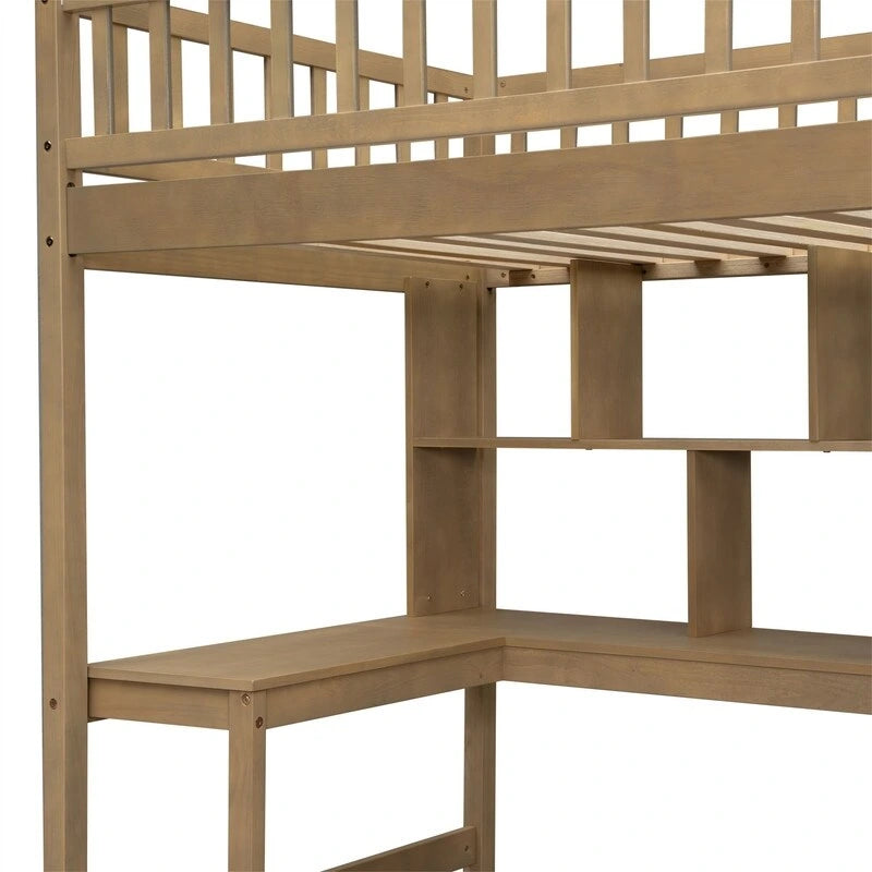Twin Loft Bed with Desk, LED Light and Storage Staircase