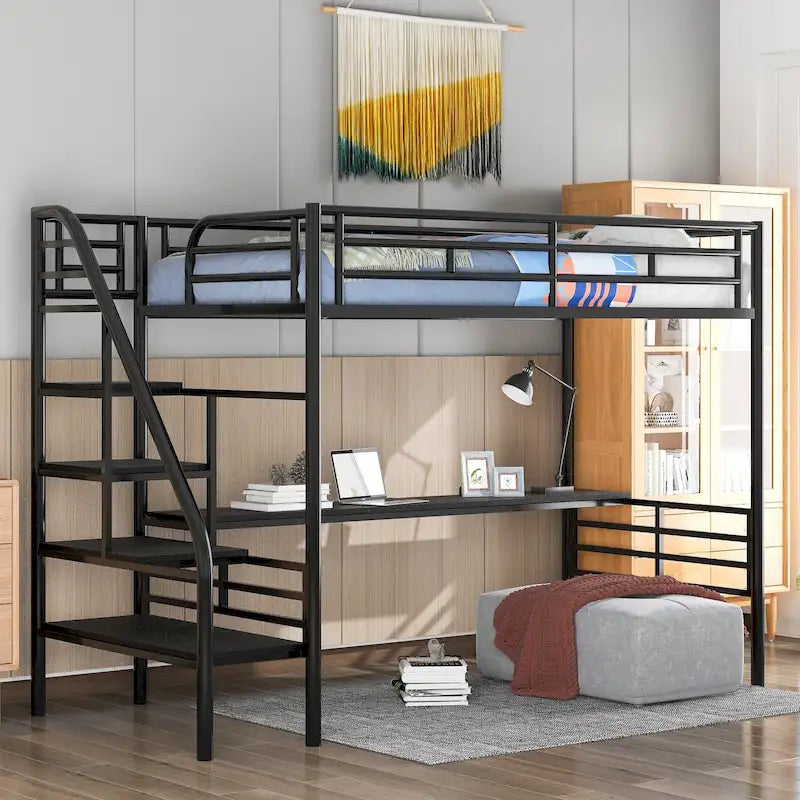 Twin Metal Loft Bed with Desk, Guardrails and Ladder