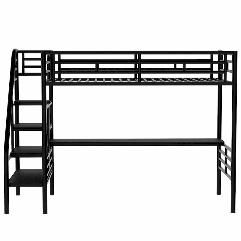 Twin Metal Loft Bed with Desk, Guardrails and Ladder