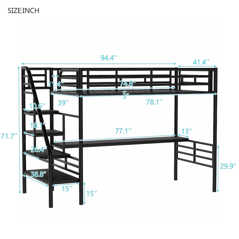 Twin Metal Loft Bed with Desk, Guardrails and Ladder