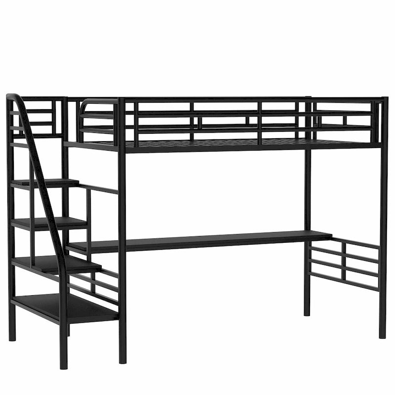 Twin Metal Loft Bed with Desk, Guardrails and Ladder