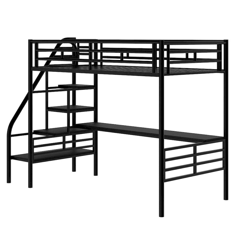Twin Metal Loft Bed with Desk, Guardrails and Ladder