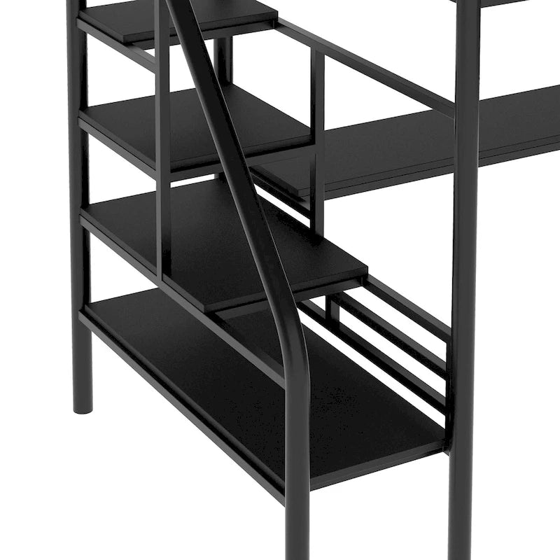 Twin Metal Loft Bed with Desk, Guardrails and Ladder