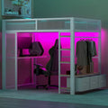 Full Size Metal Loft Bed with LED Lights, Desk and Storage
