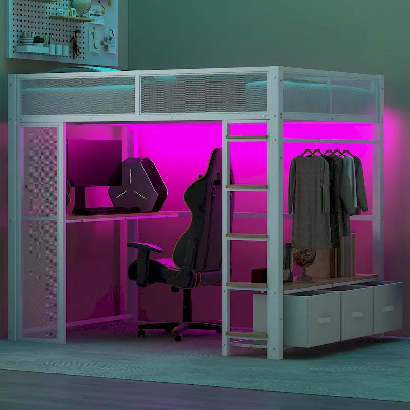 Full Size Metal Loft Bed with LED Lights, Desk and Storage