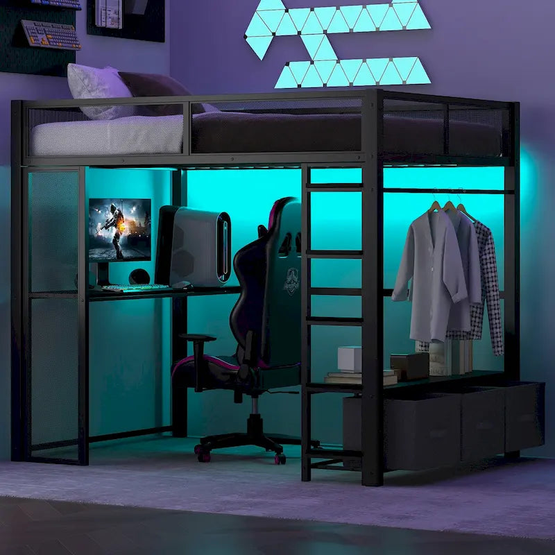 Full Size Metal Loft Bed with LED Lights, Desk and Storage