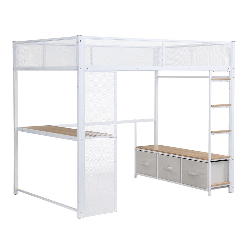 Full Size Metal Loft Bed with LED Lights, Desk and Storage