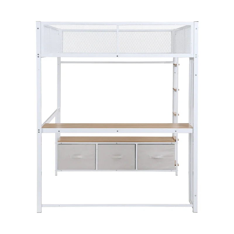 Full Size Metal Loft Bed with LED Lights, Desk and Storage