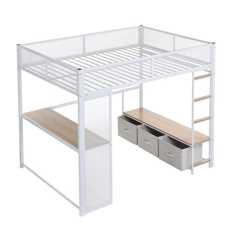 Full Size Metal Loft Bed with LED Lights, Desk and Storage
