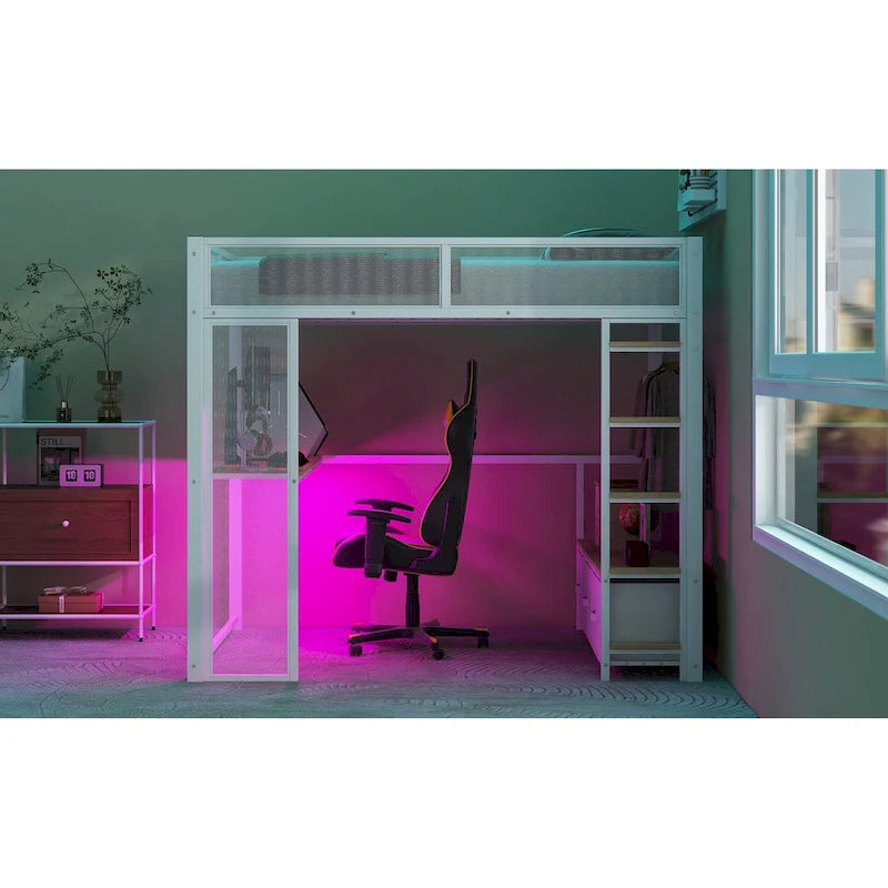 Full Size Metal Loft Bed with LED Lights, Desk and Storage