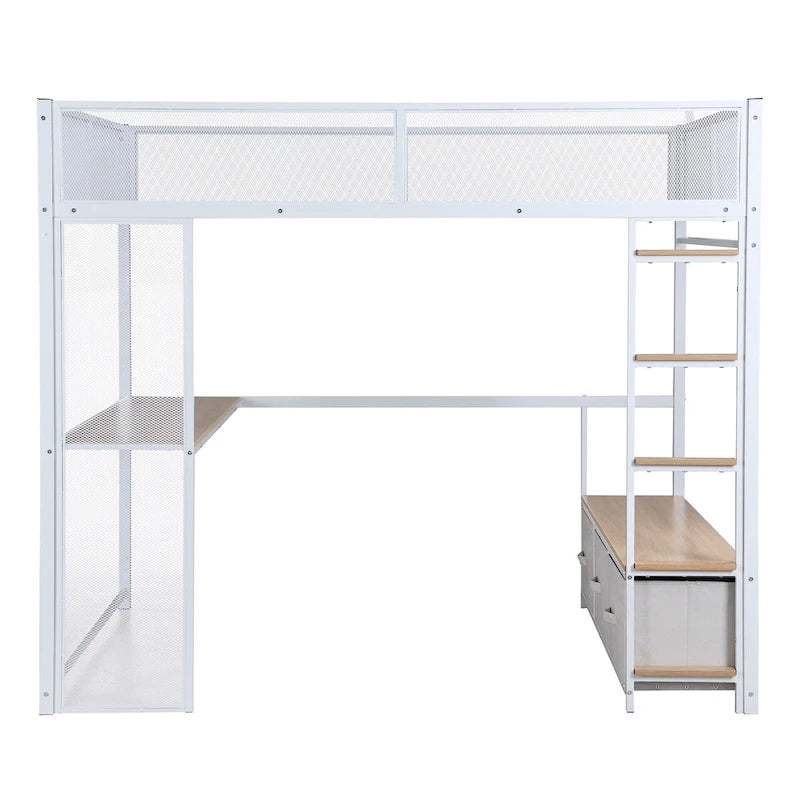 Full Size Metal Loft Bed with LED Lights, Desk and Storage