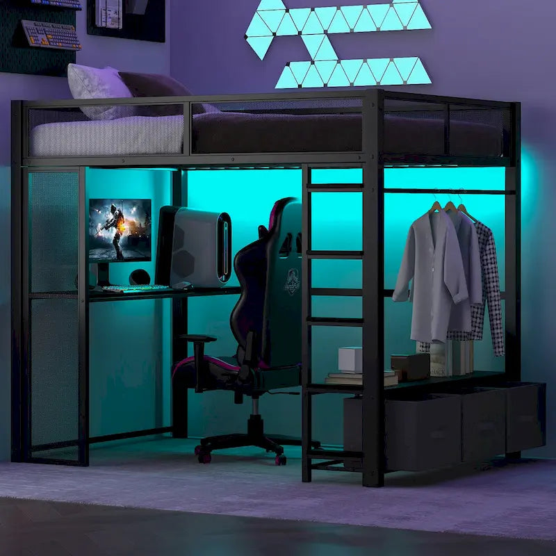 Full Size Metal Loft Bed with LED Lights, Desk and Storage