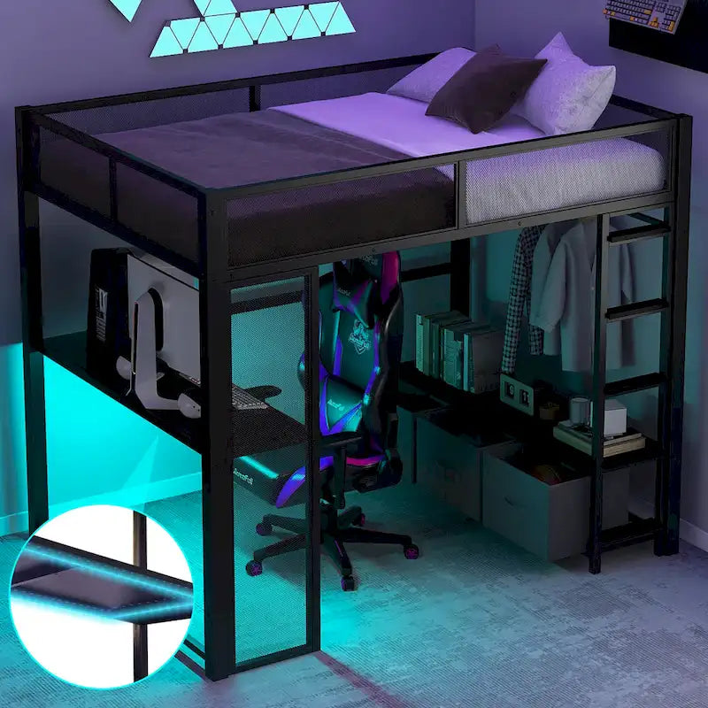 Full Size Metal Loft Bed with LED Lights, Desk and Storage