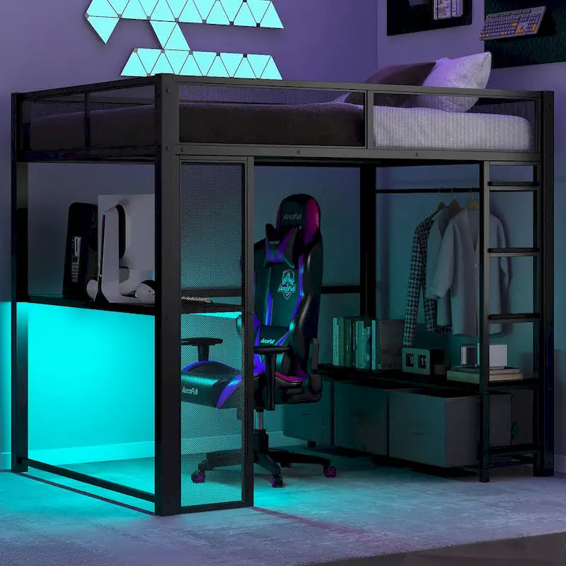 Full Size Metal Loft Bed with LED Lights, Desk and Storage