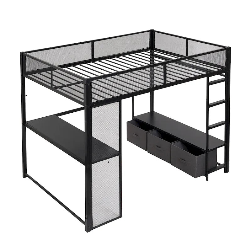 Full Size Metal Loft Bed with LED Lights, Desk and Storage