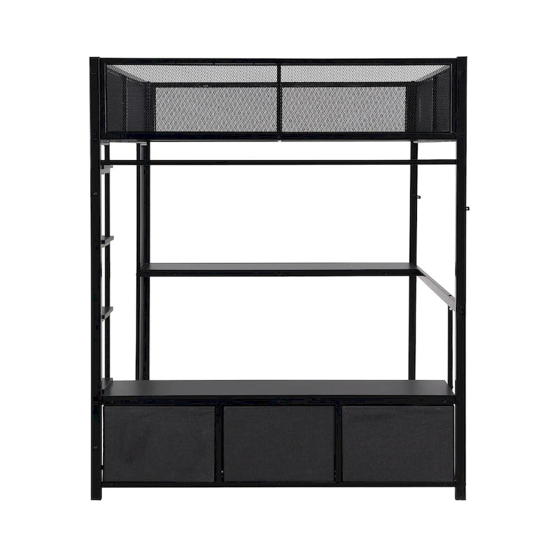 Full Size Metal Loft Bed with LED Lights, Desk and Storage