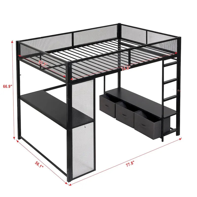 Full Size Metal Loft Bed with LED Lights, Desk and Storage